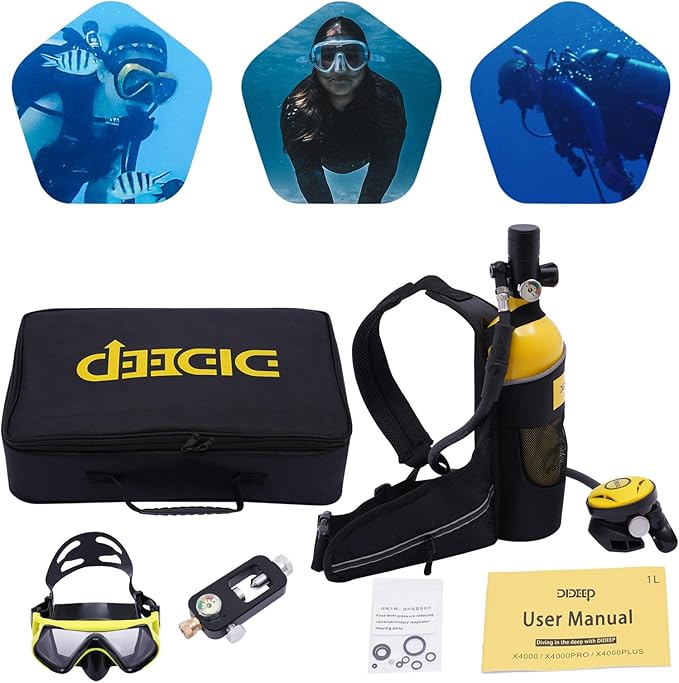 Scuba Tank Diving Gear for Diver, 1L Mini Scuba Tank Small Diving Oxygen Cylinder up to 20 Minutes Dive Time, Portable Diving Tank Kit for Underwater Exploration Emergency Rescue Pony Bottle (Model 1)