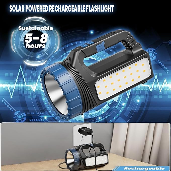 E-SHIDAI Solar Flashlight，Solar Powered Flashlight for Multi Function 8000 Lumens with Emergency，Portable Bright Camping Rechargeable Flashlights for Home, Outdoor Hiking, Power Outages