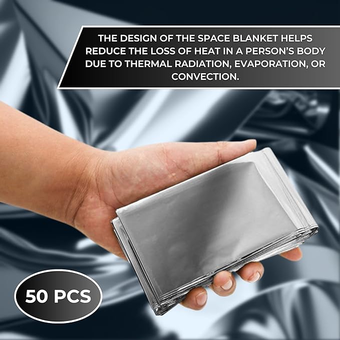 Emergency Mylar Foil Blanket 50-PACK - Extra Large 84" x 64" - Thermal Reflective Covers for Camping, First Aid and Far Infrared Sauna - Survival Prep Gear, Waterproof, Windproof, Lightweight