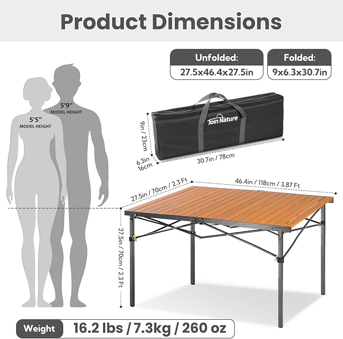 Join Nature 46.4" Large Folding Camping Table for 2-6 People - Heavy Duty Camp Table Foldable with Aluminum Roll-Up Top & Carry Bag - 220lbs Capacity, Portable for BBQ, Tailgating, Backyard (Natural)