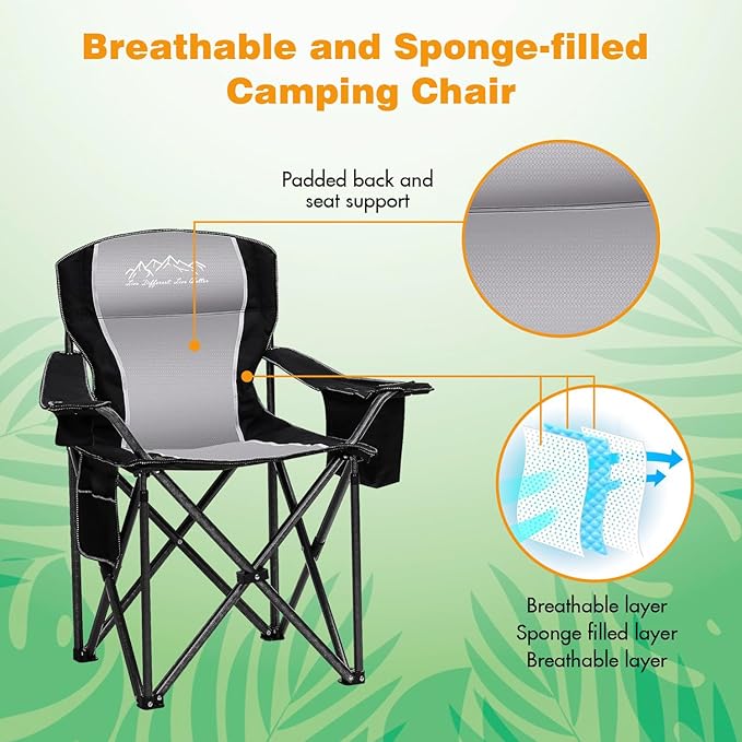 2PCS Folding Camping Chair Portable Outdoor Heavy Duty Padded Chairs Lawn Chair with Cup Holder, Storage Pocket and Cooler Bag, Supports 480LBS Black