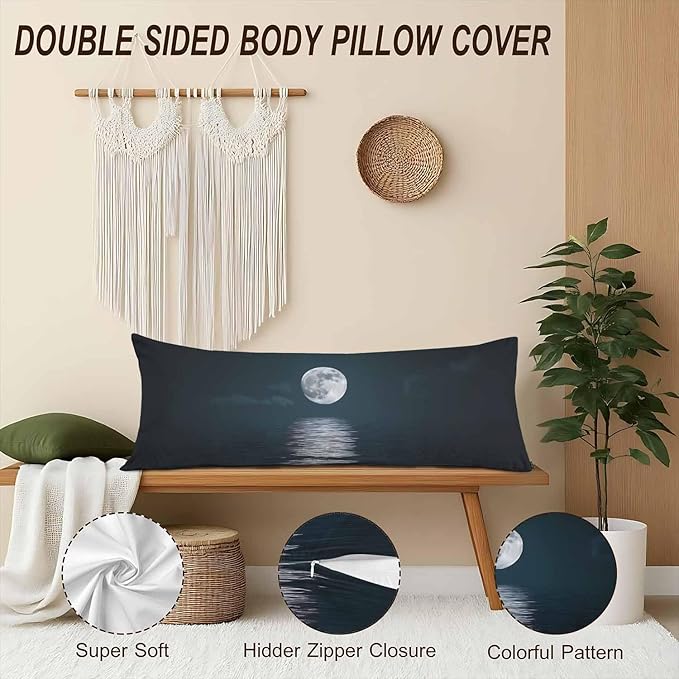 20x54 Body Pillow Cover Ocean Moon Zipper Body Pillowcase Galaxy Moon Ocean Side Sleeper Pillow Covers Body Pillow Case Cushion Cover for Men Women Home Bedroom