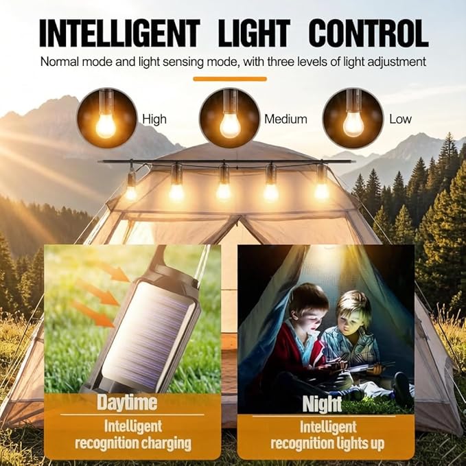 4 Pack Led Camping Lantern Solar Rechargeable,Outdoor Tent Lights for Camping Essentials, Hanging Light Bulbs with Clip Hook Camping Flashlight