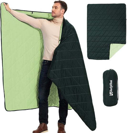 Ultralight Puffy Blanket, Outdoor Camping Blanket, Water-Resistant and Packable, Great for Camping, Stadium, Traveling, Backpacking, Picnic and Beach. 79"x55". Teal Green.