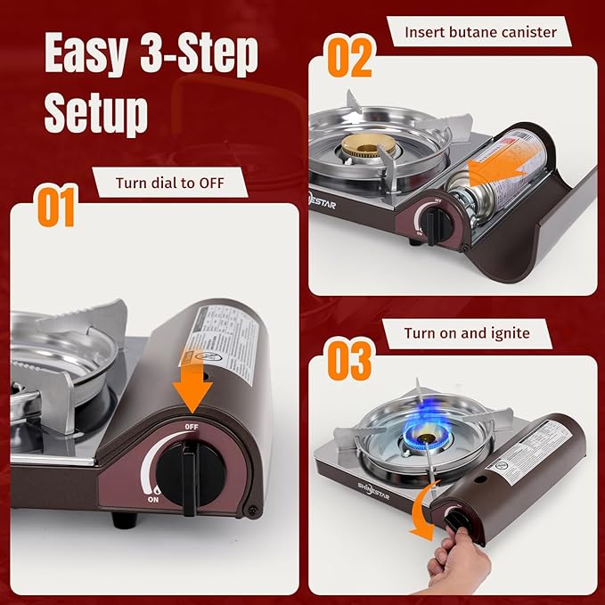 SHINESTAR 14000 BTU Butane Camping Stove, Portable Butane Stove with Brass Burner, One-Touch Piezo Ignition, Magnetic Safety Lock & Double Wind-Guard, Portable Gas Stove for Camping, RV, Emergencies