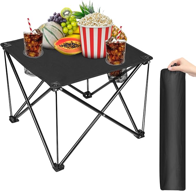 Portable Camping Table, Ultralight Picnic Table Foldable with 2 Cup Holders and Carrying Bag for Outdoor Camping Picnic BBQ Beach Party Patio Fishing, Steel Frame, High-Grade 600D Oxford Fabric