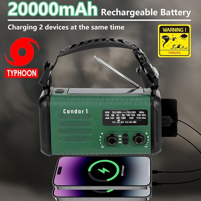 Emergency Weather Radio (Condor 1) NOAA/AM/FM with 74000mWh Portable Radio, USB-C/Solar/Hand Crank Charging, SOS Alarm, Flashlight, Reading Lamp & Survival Handle Kit for Indoor/Outdoor Emergency