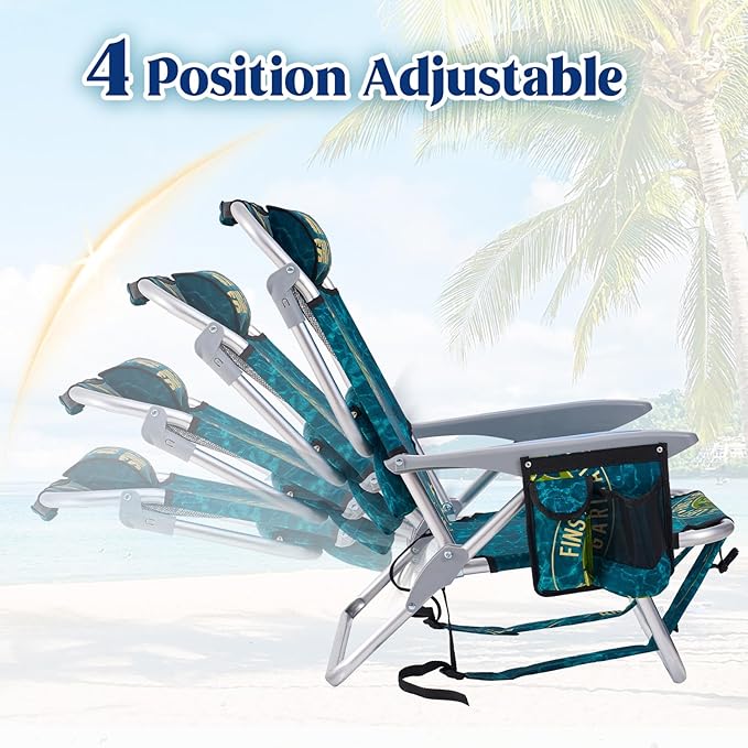 Portable Beach Chair for Adults, Outdoor Camping Chair Lay Flat Folding Backpack Beach Reclining Chair with 5 Positions, Headrest, Zipper Pouch, Cup Holder, Water Ripple