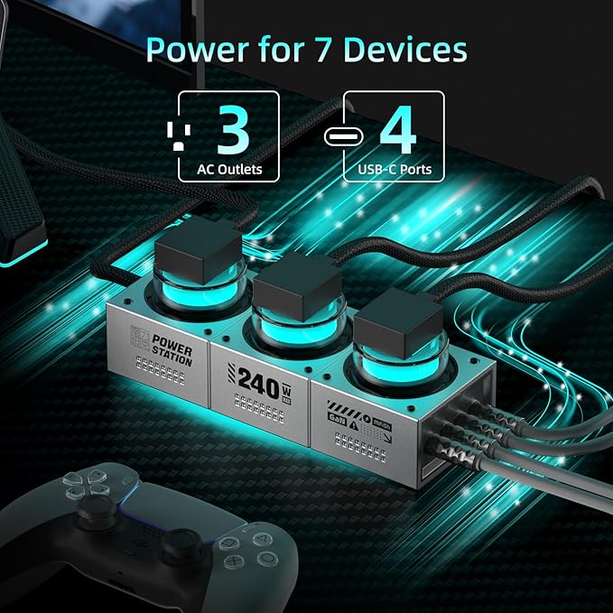 Mfish E-Tank 240W GaN Desktop Charging Station, 7-in-1 Charging Hub with 3 AC Outlets & 4 USB-C Ports (Up to 140W PD 3.1), RGB Desk Power Hub for Gaming Setup, Creator Workstation & Home Office