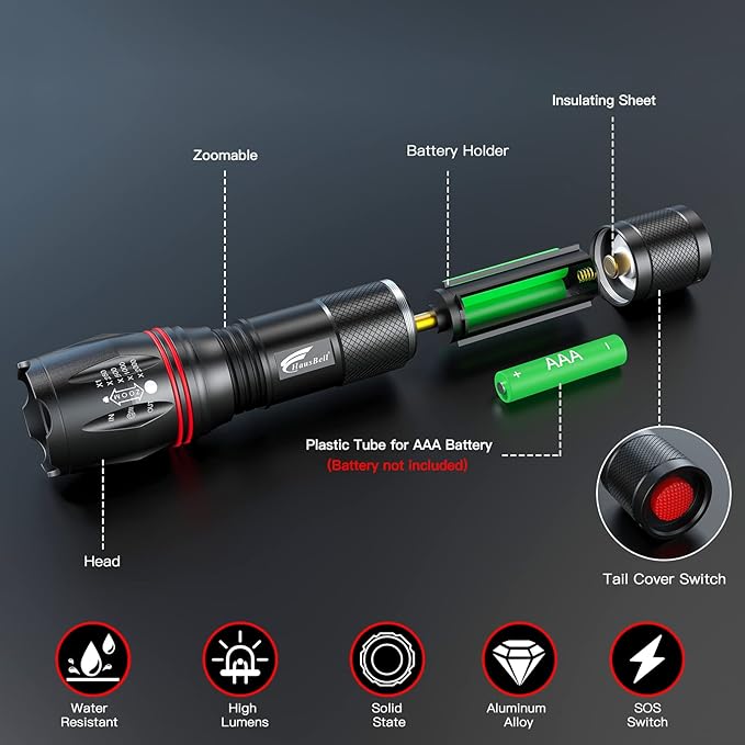 HAUSBELL A100 2000 Lumen Flashlight 2 Pack, Heavy-Duty Aluminum Tactical Flashlights High Lumens with 5 Modes Zoomable Waterproof, Emergency Camping Essentials for Home Hiking