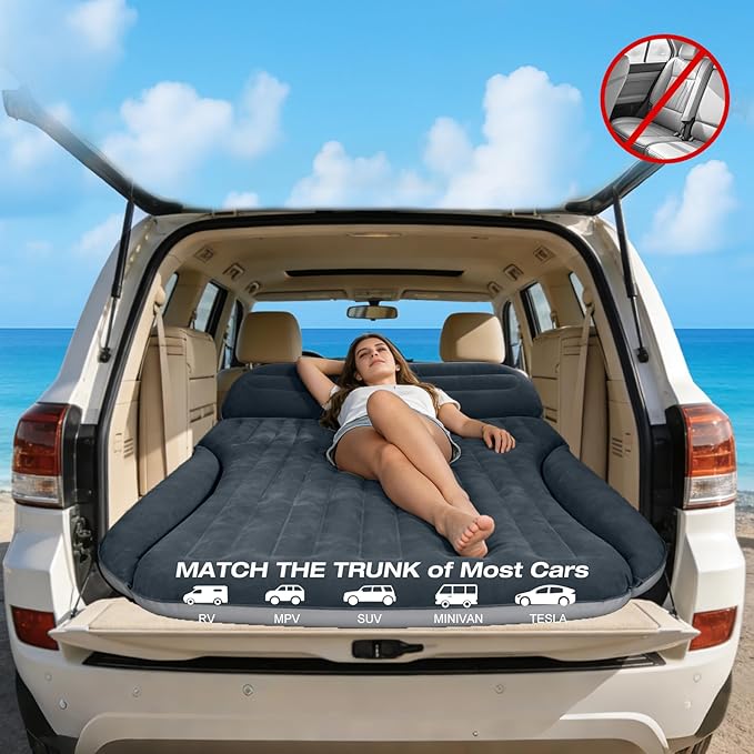Ciremiv SUV Air Mattress, Double-Sided Thick Flocked Car Air Mattress with Built-in Pump & Pillow, Complete Sleeping Accessories for Auto Camping & Road Trips（Dark Gray）