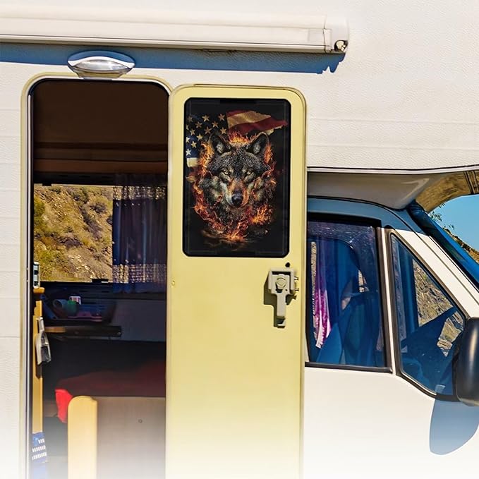 Flag Wolf Print Window Shade Cover for RV Door, Foldable Camper Door Window Shade Sun Blackout Window Shield Cover with Sticky Design & Hook and Loop for Trailers