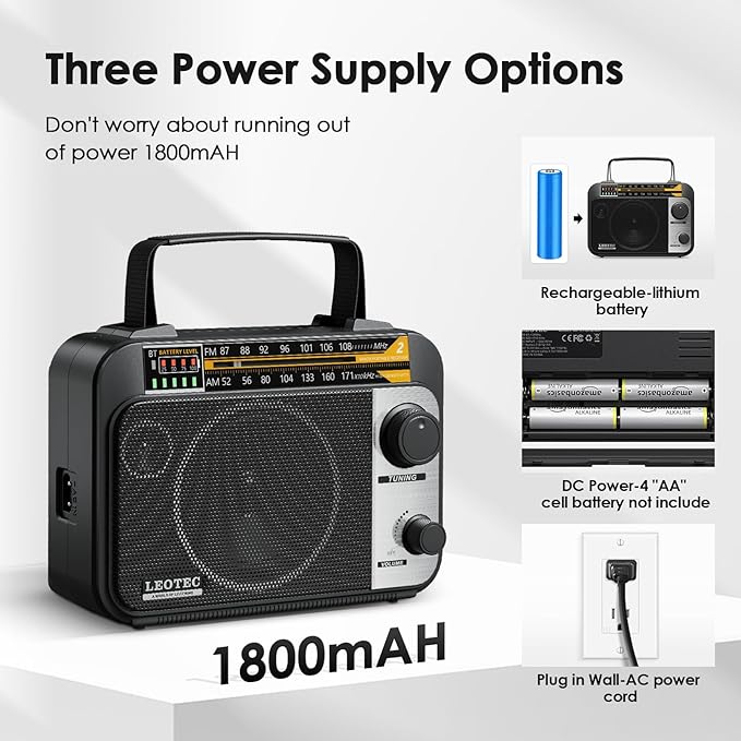 LEOTEC AM FM Radio with Bluetooth,Portable Vintage Transistor Radio Rechargeable Battery/4 AA Cell Battery Operated/Plug in Wall,AUX,Big Speaker,Headphone Small Gifts for Senior