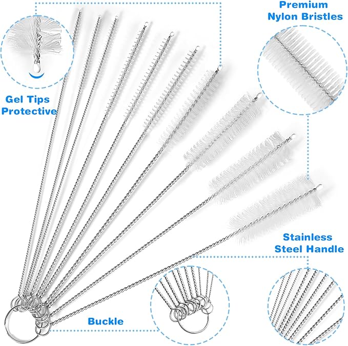Ixiaoyoo Cleaning Brushes Set, 10 Pieces 8 Inch Nylon Tube Brush + 60 Inch Flexible Long Drain Brush, Hose Pipe Brush, Suitable for Home Kitchen, Bathroom, Fish Tank, Water Pump Accessories (White)