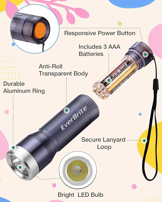 EverBrite 3-Pack Small Flashlight, Compact LED Flashlights with 3 Modes, Water-Resistant Mini Flashlight for Home, Camping, and Emergencies, 3 AAA Batteries Included, Assorted Colors