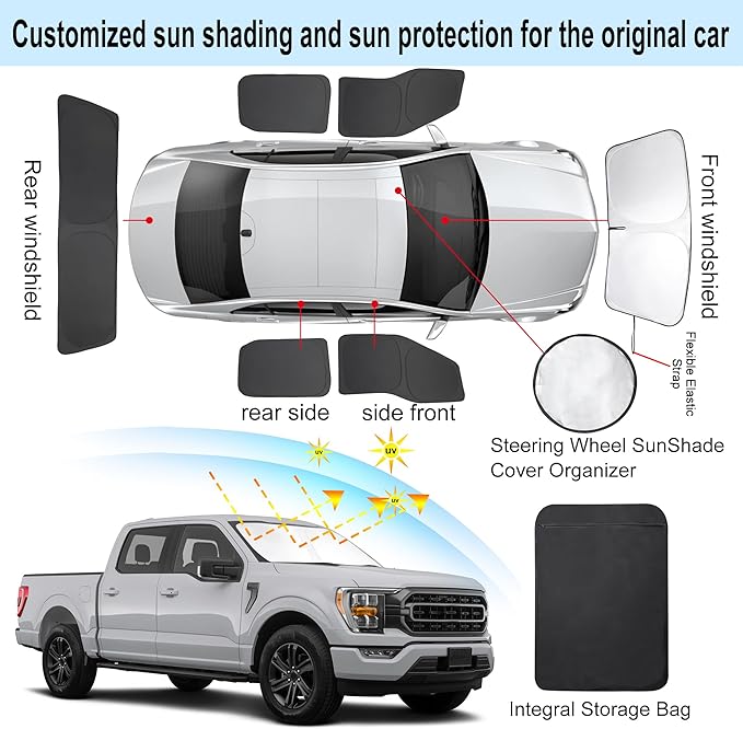 6PCS Windshield Sun Shade Custom Fit 2021-2024 2025 2026 Ford F150 F-150 (Lariat, King Ranch, Platinum, XL XLT Limited Raptor) Accessories Foldable Side Rear Window Shade Cover Full Set Keeps Cool