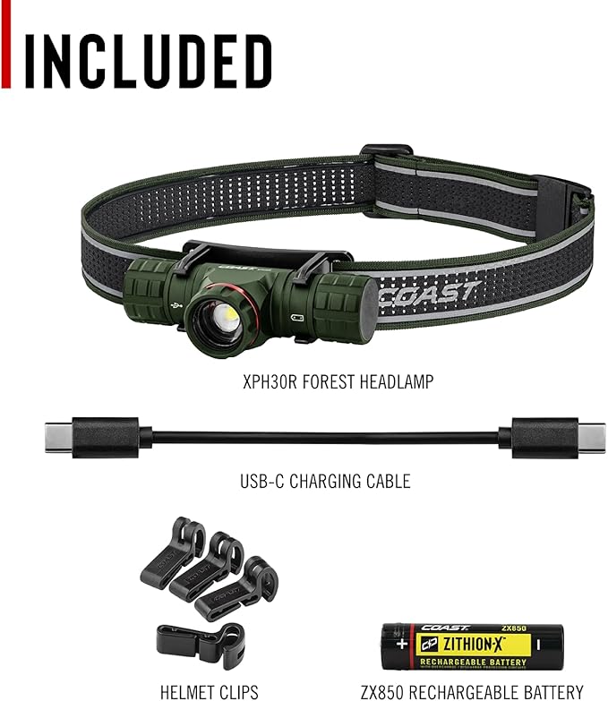 Coast XPH30R 1500 Lumen USB-C Rechargeable Dual Power Headlamp with Twist Focus Beam and Magnetic Base, 4.37 oz. - Forest Green