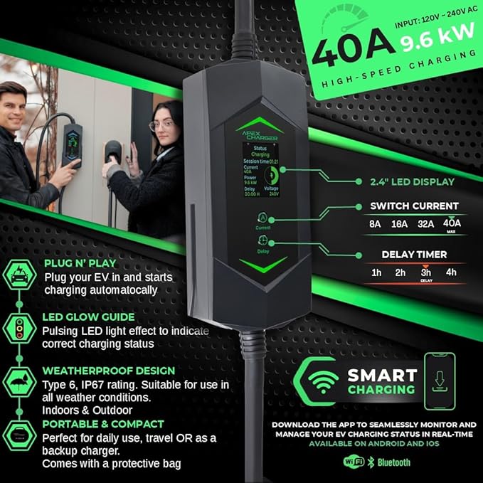 MACH 3 Fast 40 Amp Level 1&2 Portable EV Charger, NACS Connector Electric Vehicle Charging Station, 120-240V NEMA 14-50 w/ 5-15 Adapter. Outdoor EVSE, 25ft Cable with Holder