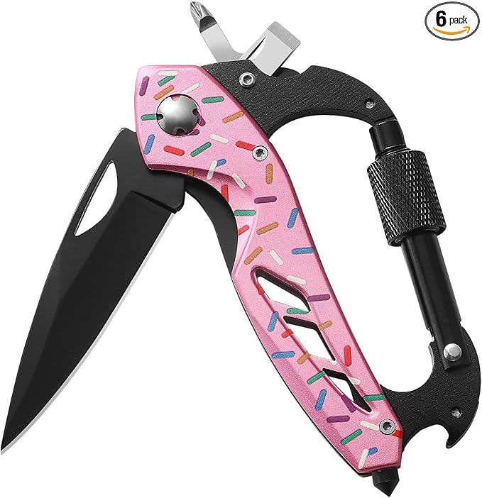 Donut Multitool Carabiner Knife Gifts for Women Men,Survival Gear for Camping Hiking，EDC Carabiners, 6-in-1 Multi Tools with Window Breaker, Bottle Opener and Screwdriver,Gifts for Women Men （Donut）