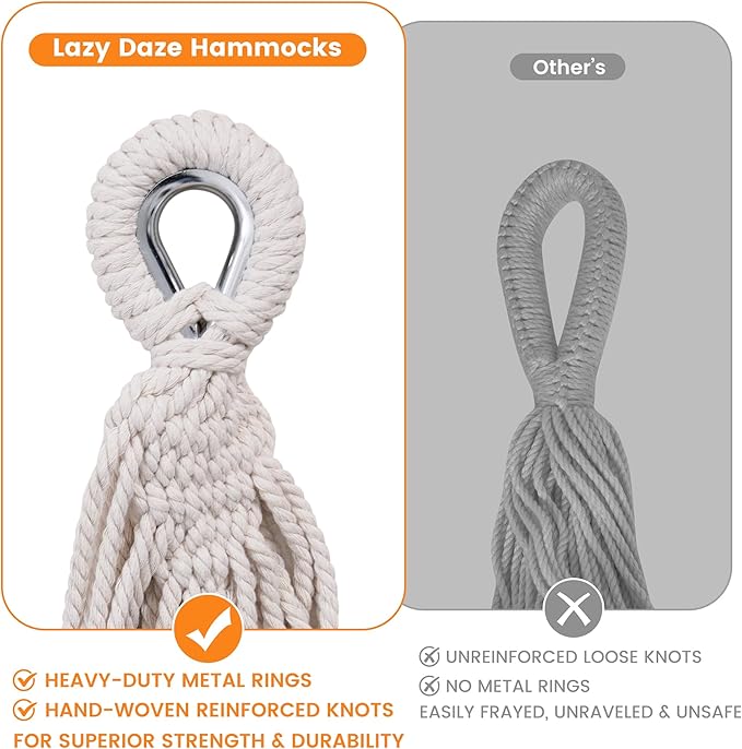 Lazy Daze Hammocks Double Brazilian Cotton Hammock, Extra Large Portable Outdoor Camping Hammock with Tree Straps & Travel Bag for Backyard Patio Poolside Indoor, 550lbs Capacity, Light Gray