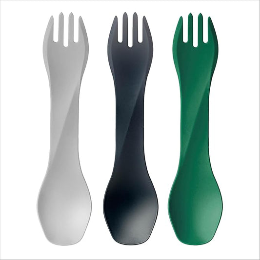 humangear GoBites Bio Uno Spork - Durable Plant-Based Travel Utinsel, Light Gray/Forest Green/Black, Bio Uno 3-Pack