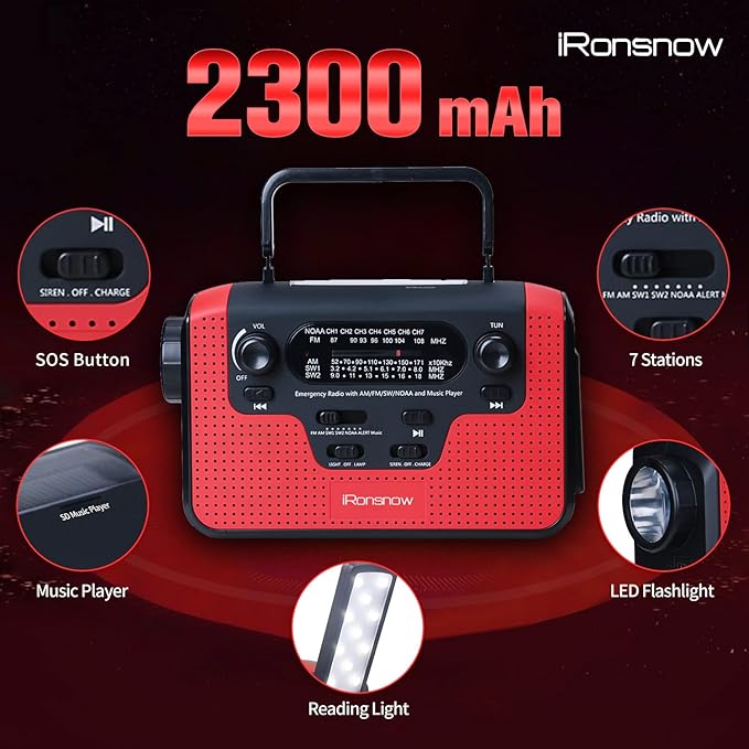 2300mAh Solar Hand Crank Emergency AM/FM/SW/NOAA Radio, Real NOAA Alert Weather Radio with SOS Alarm, TF Card Speaker, LED Flashlight & Reading Lamp, Phone Charger for Camping, Emergency