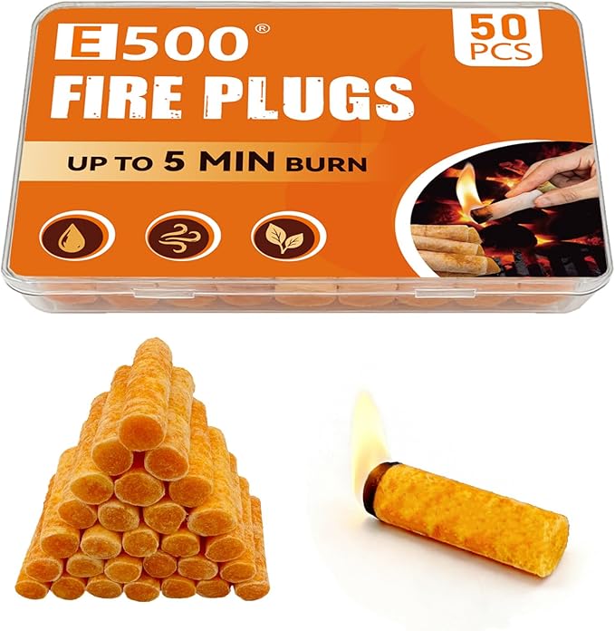 E500 Fire Plugs, 50 Pack Waterproof Fire Starter Plugs, Long Burning & Easy Ignition for Camping, Emergency Preparedness, Fire Pits & Grills