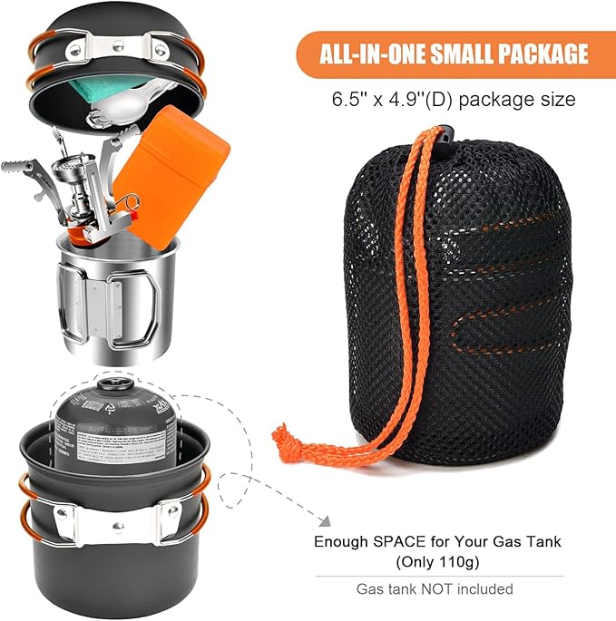 Odoland 8pcs Camping Cookware Mess Kit, Camping Pot and Pan Set with Mini Backpacking Stove, Stainless Steel Cup, Spork and Tank Bracket, Cooking Gear for Outdoor, Hiking, Picnic, Campfire