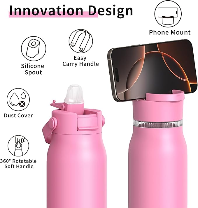 LISI 30oz Insulated Water Bottle, Double Wall Stainless Steel Water Bottles with Straw, 100% Leak-Proof Travel Thermal Canteen Mug with 2 Lids (Straw, Phone Holder Lid)