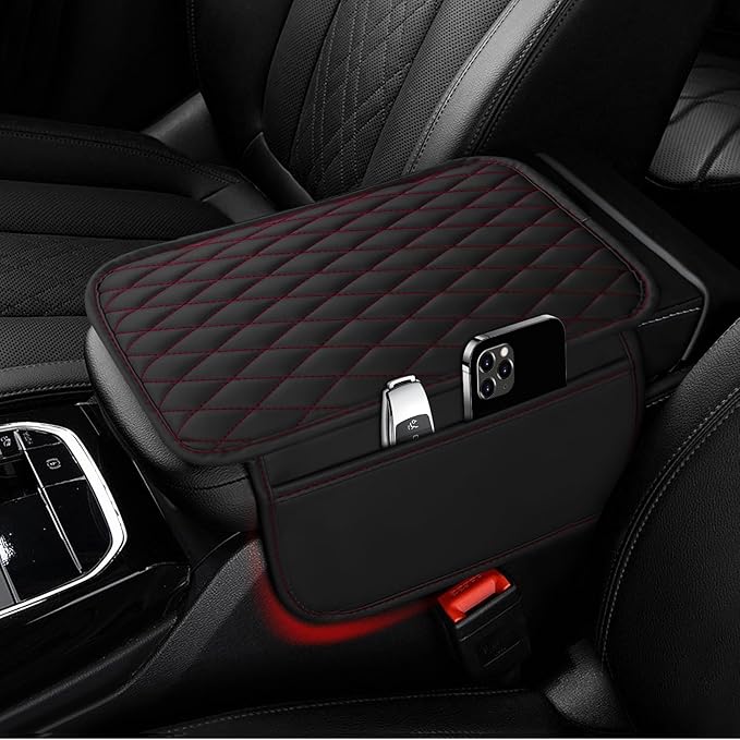 Ouzorp Car Center Console Cover, Upgraded Microfiber Leather Car Arm Rest Cover with 2 Storage Bags, Universal Armrest Cover for Car Storage Box Protector for Most Vehicle-Black with red line