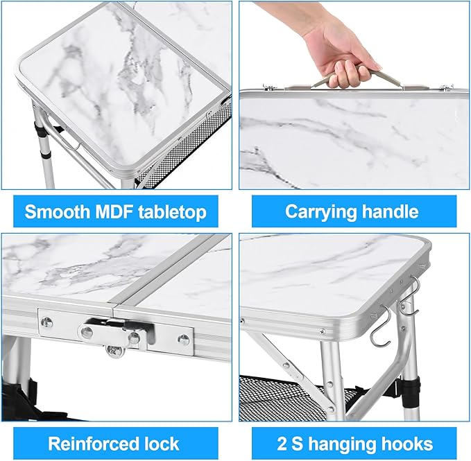 YUFIFAIRY Small Folding Camping Table, 2ft Portable Table with 3 Adjustable Heights, Aluminum Lightweight Foldable Picnic Table with Mesh Layer and Extension Legs for RV, BBQ and Indoor