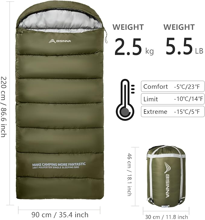 BISINNA Sleeping Bag for Adults XL Cold Weather Backpacking Sleeping Bags 4 Season with Compression Sack for Camping Hiking