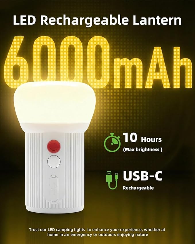 LED Rechargeable Camping Lantern with Hook - 6000mAh Emergency Outdoor Camping Lights, IPX5 Water Resistant Portable Tent Lights for Camping Hiking, Backpacking, Fishing, Outages (White 2pack)
