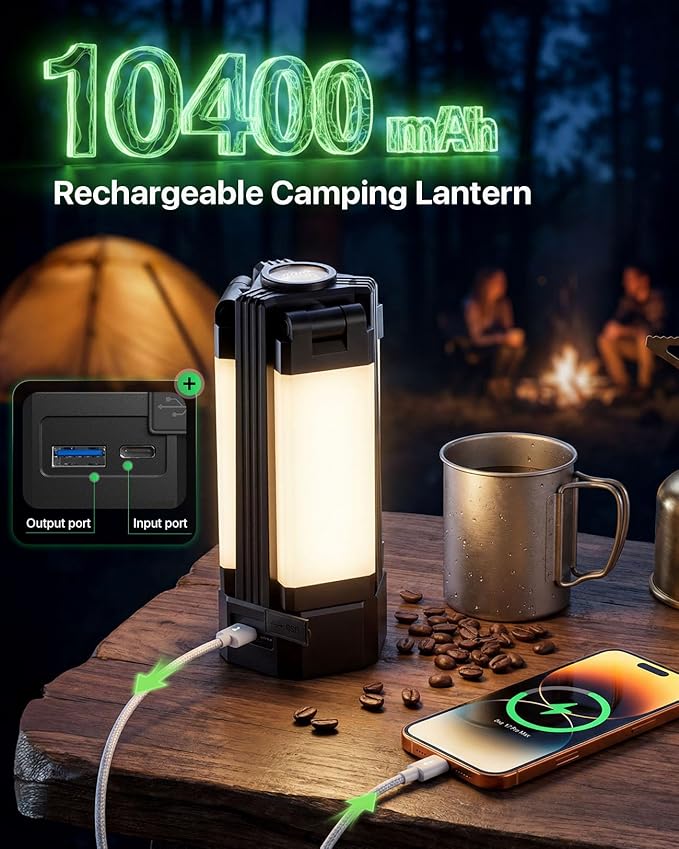 Camping Lantern, 10400mAh Rechargeable Work Light 2200LM with Magnetic Base & Power Bank, Portable Flashlight Emergency for Car Repair, Camping, Tent, Power Outage(Stand Not Incl)