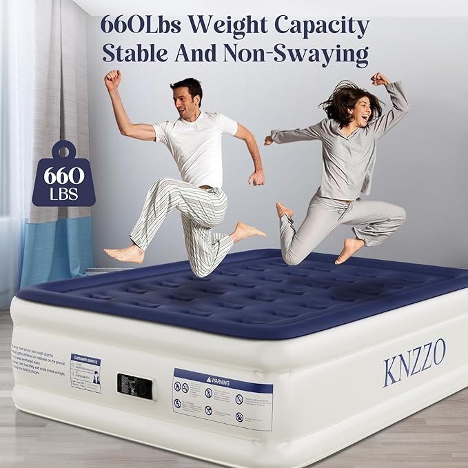 KNZZO Air Mattress Full with Built-in Pump, Blow Up Mattress with Soft Flocked Top, Leakproof Inflatable Mattress, Foldable Waterproof Air Bed for Home, Guests, Camping, with Storage Bag