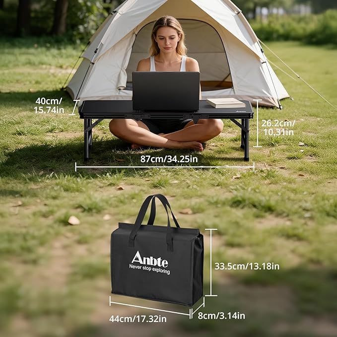Anbte 3ft Low Folding Picnic Table, 10.3" Height Thicker Aluminum Small Camping Table with Storage Bag, Portable Handle, Lightweight, for Camping Beach Party Picnic Floor, 34.2" x 15.7", Black