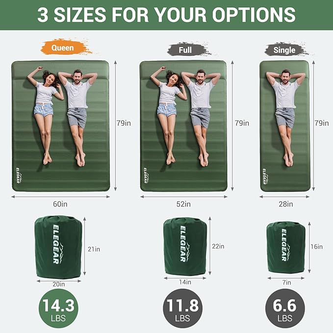 Elegear CumbreX™ Air & Foam Self Inflating Sleeping Pad, Built-in Electric Pump 4" Ultra-Thick Memory Foam Camping Mattress with Pillow Double Camping Pad 4-Season R-Value 9.5 Camp Mat - Gueen