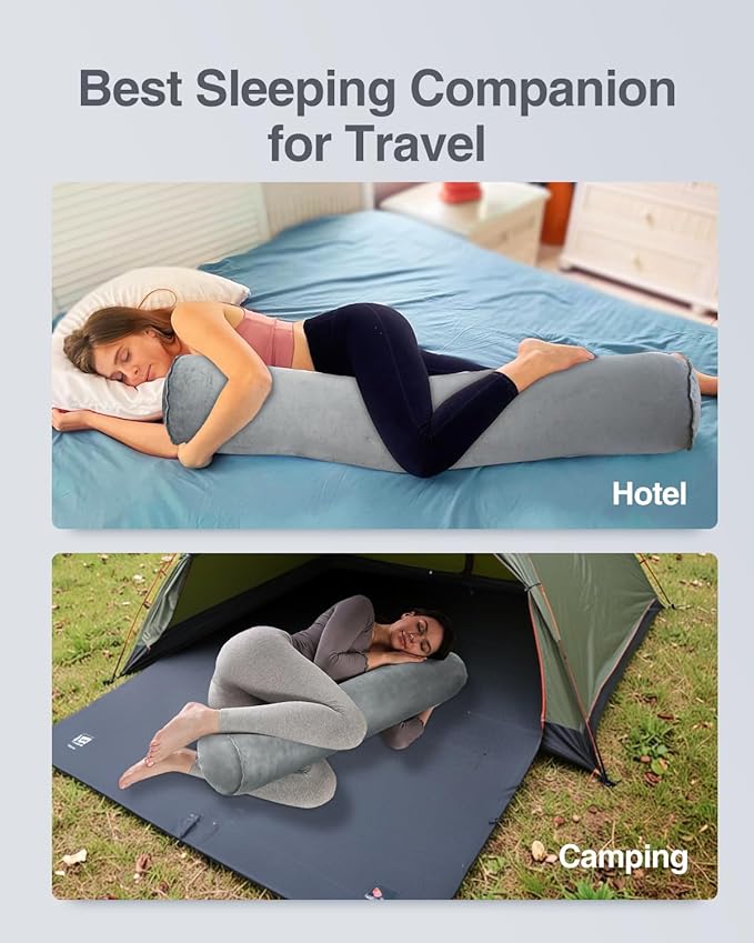 Luxtude Inflatable Body Pillow for Adults Kids, Travel Body Pillows for Side Sleeper, 47Inch Long Round Bolster Pillows for Bed, Round Cervical Cylinder Pillow for Hugging Sleeping, Back etc.