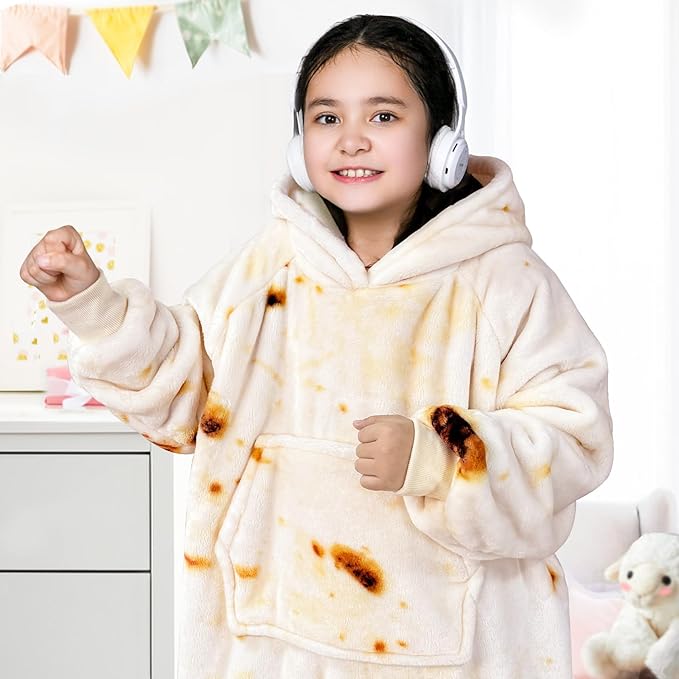 Waitu Wearable Blanket for Kids, Wearable Blanket Hoodie Gifts for Teens Girls and Boys, Warm Blanket Sweatshirt for Teenage, Thick Flannel Hoodie Blanket with Sleeves - Burritos