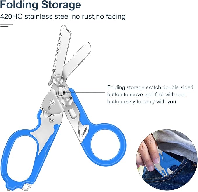 6 In1 Multifunction Emergency Response Shears, Stainless Steel Foldable Trauma Shears with Strap Cutter and Glass Breaker,Medical Scissors with Holster and Penlight Blue