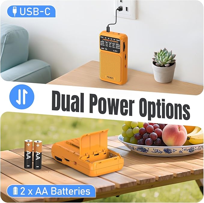 PRUNUS J-211 Portable Radio AM FM with USB Charging and AA Battery Operated, Transistor Radio, Strong Reception& Clear Speaker, Headphone Jack, Back Clip, Lanyard, Small radios Portable AM FM