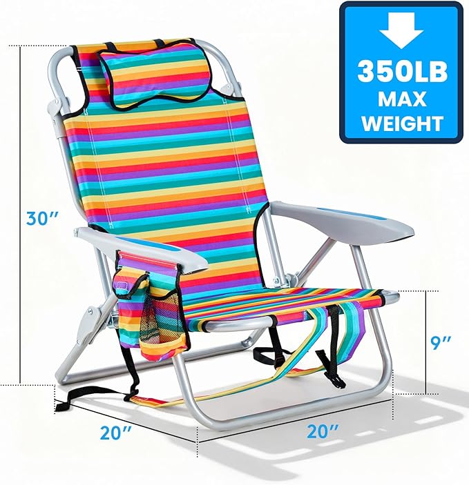 Portable Beach Chair for Adults, Outdoor Camping Chair Lay Flat Folding Backpack Beach Reclining Chair with 5 Positions, Headrest, Cup Holder, Heavy Rainbow Striped