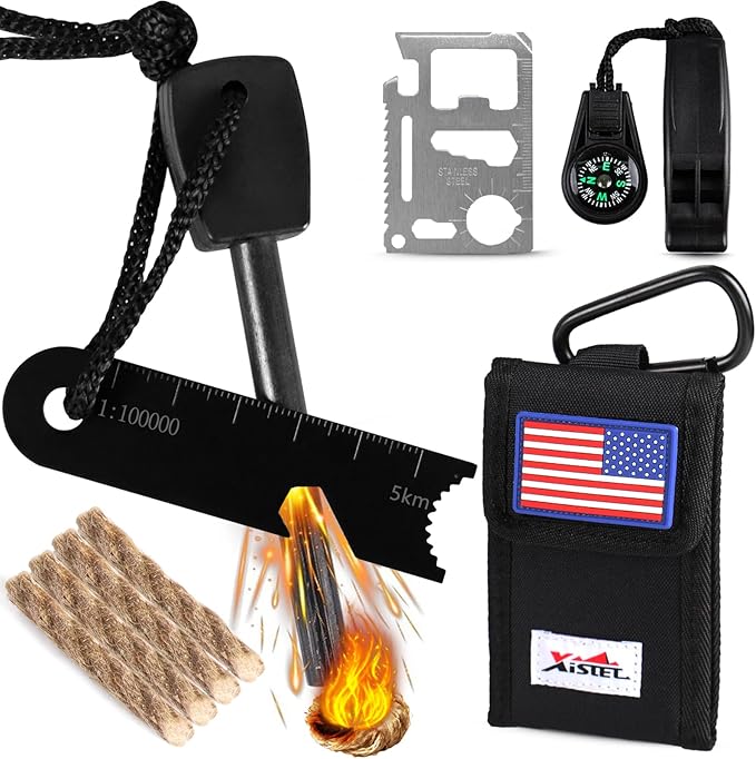 Fire Starter Kit 5 in 1 Survival Gear, Flint and Steel Fire Starter Kit with Ferro Rod, Emergency Whistle, Credit Card Multitool, Compass & Waterproof Tinder for Outdoor, Camping, Hiking, Gift for Men