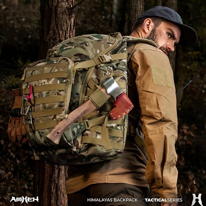AMHEH 52L Tactical Backpack - 1050D 72 Hour Bug Out, 17" Laptop Compartment, Helmet Pocket and MOLLE for Survival Emergency (Camo)