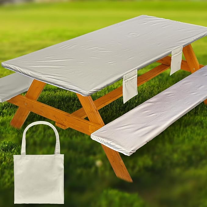 Picnic Table Cover with Bench Covers Vinyl Elastic Edges Fitted Rectangle Seat Tables Waterproof 3-Piece72X30in Set Outdoor Rectangular Folding Backing Tablecloth for Camping Over Size