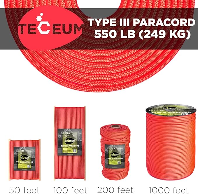 TECEUM Reflective Paracord Rope 1000 – 1000ft/200ft/100ft/50ft – 40+ Colors – Glow in The Dark – para Cord – Utility Rope for Survival, Hunting & Camping Gear – Nylon String, Camping Rope, Tent Cord