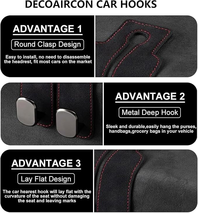 4 Pack Car Seat Back Storage Hooks - Premium Leather Seat Holder for Headrest Purses and Bags (Black)