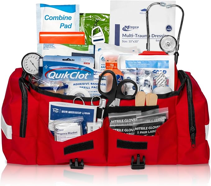 MFASCO Emergency Response GO First Aid Bag - 160 Pcs EMT Trauma Kit, First Responder Medical Bag, Deluxe Stocked Kit with Tourniquet, Sprague Stethoscope, Pressure & Bleeding Control Dressings