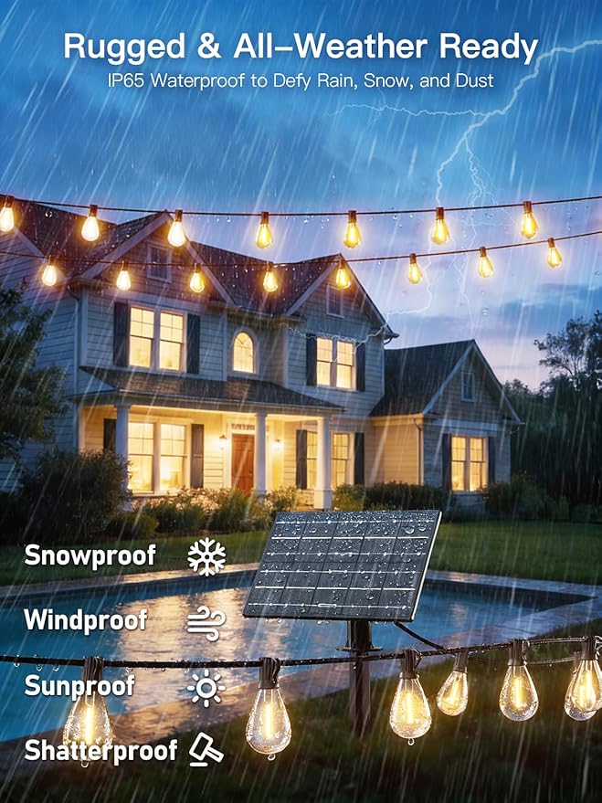 50FT Solar String Lights Outdoor Waterproof, 18+1 LED Solar Powered Lights with Remote Control, 3 Light Modes & Dimmable, USB-C Charging for Patio, Backyard, Garden, Camping