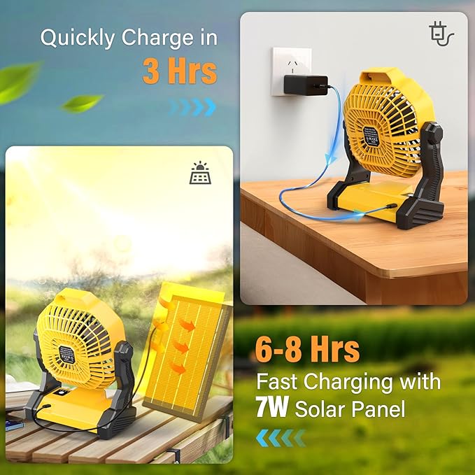 JINLICTE 10400mAh Solar Fan with LED Lantern, Camping Fan with 7W Solar Panel, Rechargeable Solar Powered for Outside, Quiet Battery Operated Tent for Picnic, Barbecue, Fishing, Travel